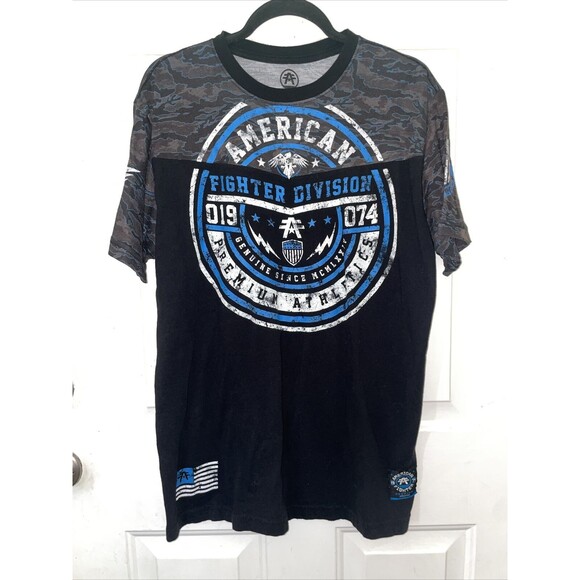 American Fighter Men XL Blue black white Training T Shirt UFC MMA Gym Workout - Picture 1 of 9